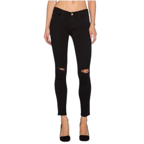 FRAME DENIM Le Skinny de Jeanne Distressed Skinny Jeans in Empire Black, Size 26 - Picture 1 of 12